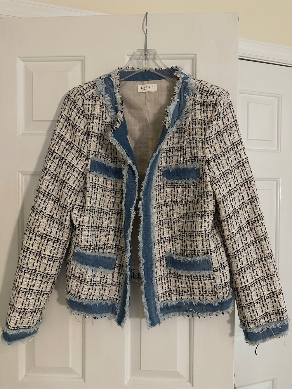 Risen Cream and Blue Tweed Frayed-Trim Blazer